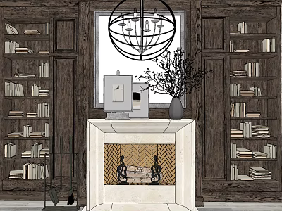 Classic Wooden Bookcases Filled With Books In Cozy Interior With Fireplace And Chandelier 3d model