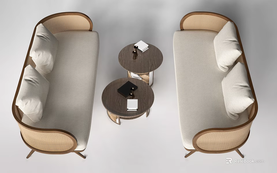 Casual Sofa Set With Rattan Armrests Light Colored Upholstery And Round Coffee Tables 3d model 