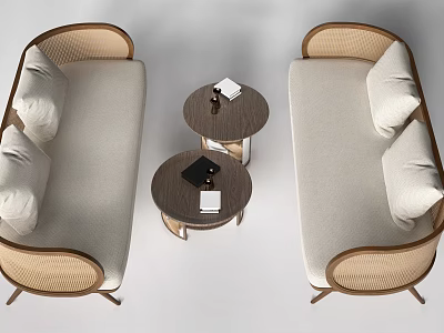 Casual Sofa Set With Rattan Armrests Light Colored Upholstery And Round Coffee Tables 3d model