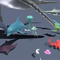 Various Marine Animals Collection With Whale Dolphin Shark Jellyfish Octopus And Small Fish