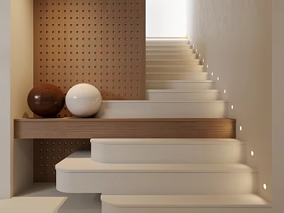 Modern Interior Staircase Design With White Steps Wooden Shelf Brown White Spheres And Perforated Wall 3d model