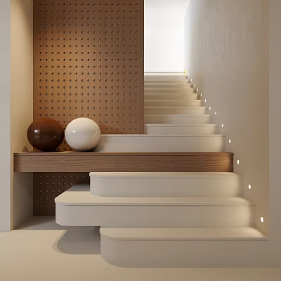 Modern Interior Staircase Design With White Steps Wooden Shelf Brown White Spheres And Perforated Wall 3d model