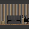 Modern Bedroom Furniture Setup With Wooden Slat Wall Bed Nightstand Desk And Chair