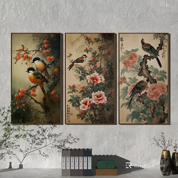 Traditional Botanical Paintings With Birds Flowers And Branches For Wall Decor 3d model 