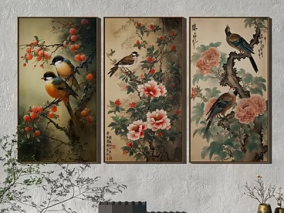 Traditional Botanical Paintings With Birds Flowers And Branches For Wall Decor 3d model