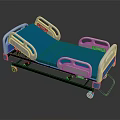 Adjustable Medical Bed With Blue Mattress White Rails And Mobile Wheels