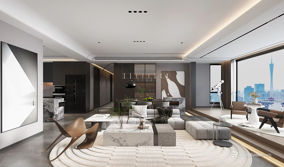 Modern Living Dining Room Interior With Sofa Coffee Table Rug And Floor To Ceiling Windows 3d model 
