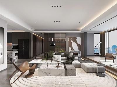 Modern Living Dining Room Interior With Sofa Coffee Table Rug And Floor To Ceiling Windows 3d model