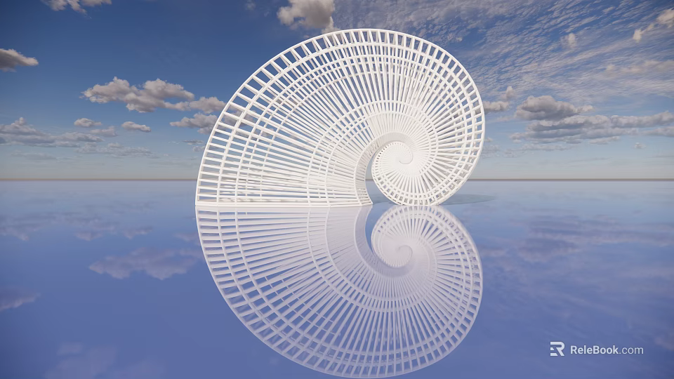 White Spiral Landscape Sculpture With Water Surface Reflection And Blue Sky Background 3d model
