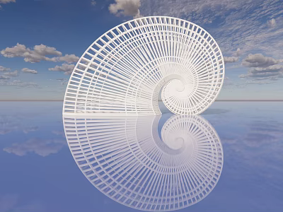White Spiral Landscape Sculpture With Water Surface Reflection And Blue Sky Background 3d model