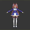 Cartoon Child With Red Hair And Fox Ears In Blue White Dress Arms Outstretched