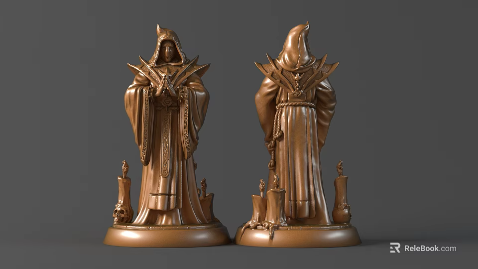 Two Bronze Hooded Robed Figure Sculptures With Detailed Base Decorations 3d model 