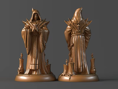 Two Bronze Hooded Robed Figure Sculptures With Detailed Base Decorations 3d model