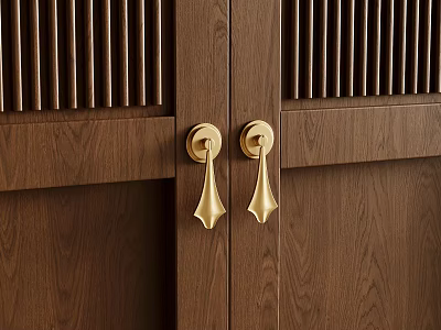 Wooden Door With Gold Handles And Vertical Slats Decorative Design 3d model