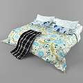 Double Bed With Floral Pattern Bedding Pillows And Checkered Blanket 3d model