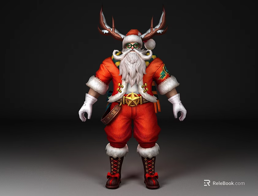 Man In Red Santa Claus Costume With Antlers Long White Beard And Gold Star Decoration 3d model 