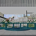 Modern Building Entrance Area With Decorative Flowers Water Pool Steps And Glass Curtain Wall