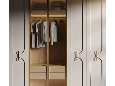 Modern Light Colored Wardrobe Interior With Hanging Clothes Storage Shelves And Metal Handles 3d model