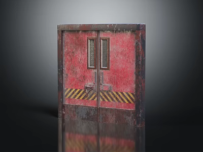 Red Rusty Double Doors With Small Windows And Yellow Black Warning Stripes 3d model