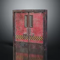 Red Rusty Double Doors With Small Windows And Yellow Black Warning Stripes 3d model