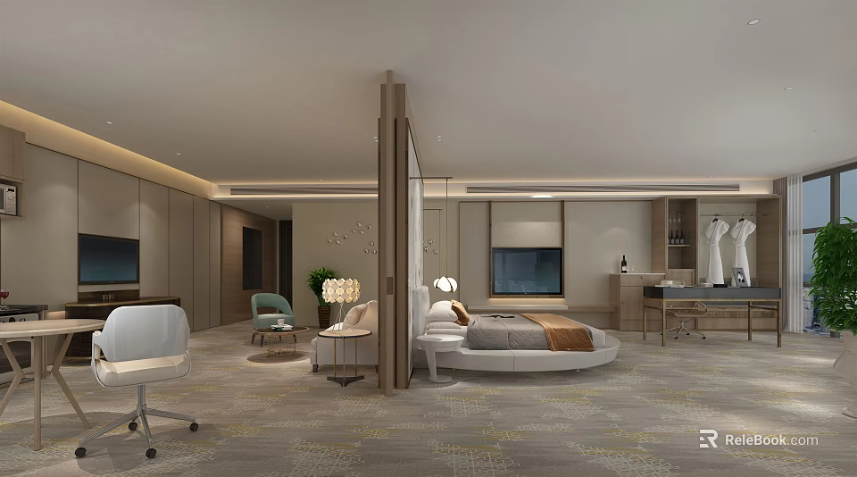 Hotel Guest Room Interior With Round Bed Sofa TV Hanging Lights And Work Desk 3d model 