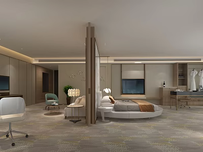 Hotel Guest Room Interior With Round Bed Sofa TV Hanging Lights And Work Desk 3d model