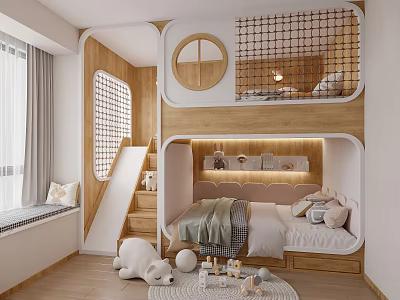 Cozy Kids Bedroom With Slide Bunk Bed And Wooden Accents 3d model