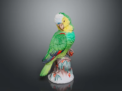 Green And Yellow Parrot Ceramic Figurine Perched On Decorative Base With Red Accents 3d model