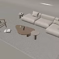 Cream Style Sofa Shaped Solid Wood Coffee Table Round Table Side Table Rattan Folding Leisure Chair Backrest Chair Fabric Pillow Square Carpet 3d model