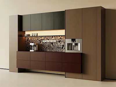 Modern Sideboard Design With Dark And Brown Cabinets Decorative Panel And Built In Lighting 3d model