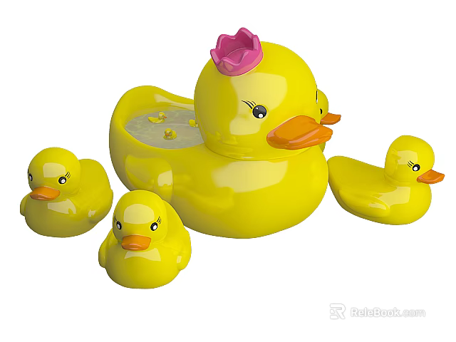 Yellow Large Duck Shaped Bathtub with Pink Crown and Three Small Ducks 3d model 