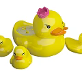 Yellow Large Duck Shaped Bathtub with Pink Crown and Three Small Ducks