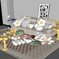 Decorative Pillows With Flower Shapes And Geometric Patterns In Living Room On Sofa And Floor