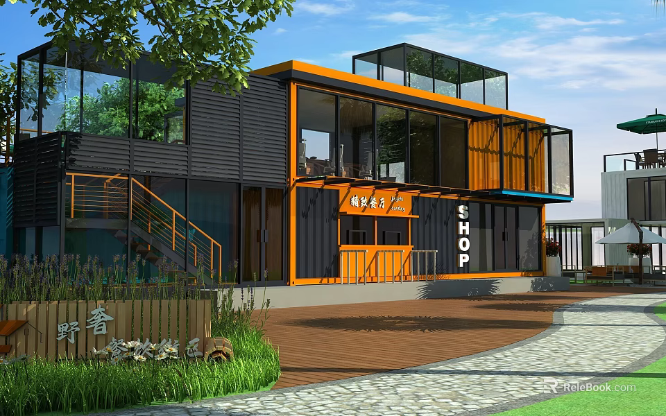 Modern Container Building Shop with Orange Black Exterior Large Windows and Greenery 3d model 