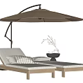Wooden Frame Lounge Chair With White Cushion Beige Parasol And Decorative Vase