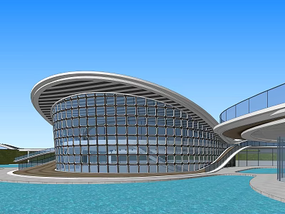 Modern Architectural Structure With Curved Roof Glass Curtain Wall And Water Pool Walkway 3d model