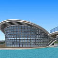 Modern Architectural Structure With Curved Roof Glass Curtain Wall And Water Pool Walkway
