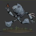 Blue Robot Interacting With Butterfly And Rabbit On Grassy Dirt Ground