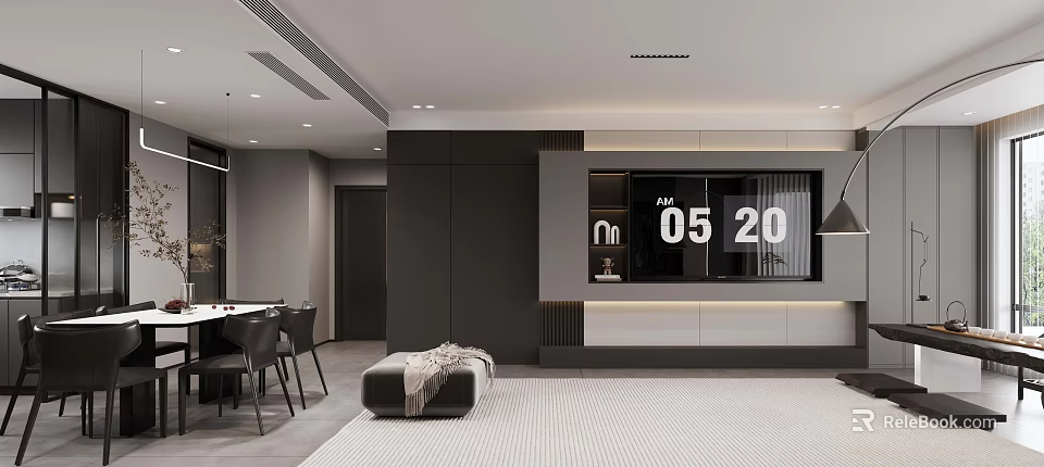 Modern Dining and Living Room Interior With Gray TV Wall Digital Clock And Dining Table 3d model 