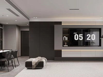 Modern Dining and Living Room Interior With Gray TV Wall Digital Clock And Dining Table 3d model