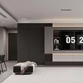 Modern Dining and Living Room Interior With Gray TV Wall Digital Clock And Dining Table