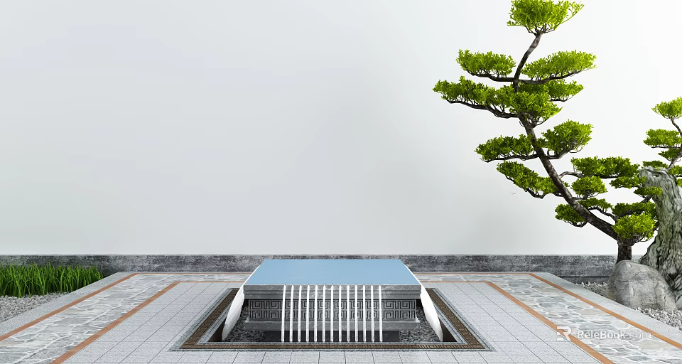 Garden Decorative Structure With Blue Top And White Railings By Green Tree On Paved Ground 3d model 