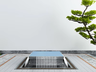 Garden Decorative Structure With Blue Top And White Railings By Green Tree On Paved Ground 3d model