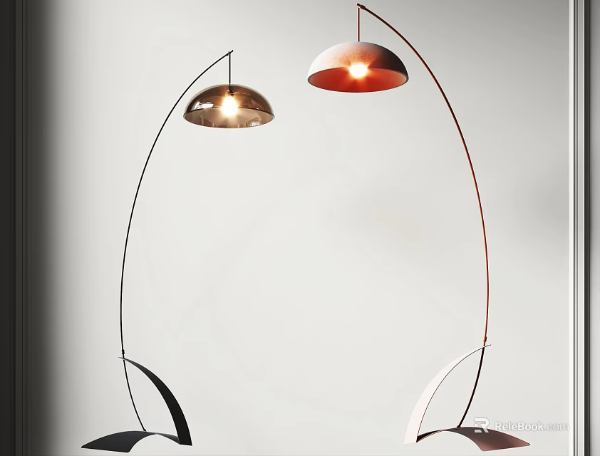 Two Modern Design Floor Lamps With Curved Pole And Metal Shade Illuminated In Minimalist Background 3d model 