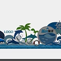 Blue Ocean Themed Photo Spot with Dolphins Waves Palm Trees Ship Wheel and Lifebuoys