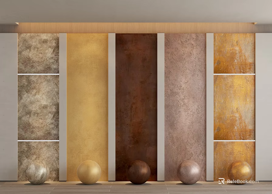 Assorted Colored Textured Wall Panels With Vertical Layout And Metal Spheres Accents 3d model 