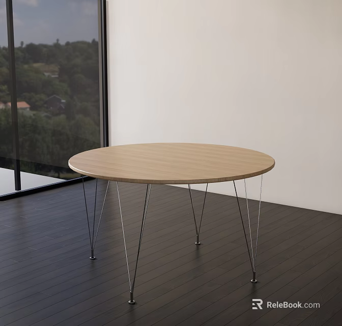 Round Light Wood Dining Table Interior With Thin Metal Legs And Scenic Window View 3d model