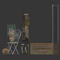 Vintage Bicycle Next To Wooden Planter With Decorative Net Background And Small House Decoration