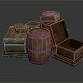 Rustic Wooden Storage Barrels And Open Boxes With Metal Hoops And Lids