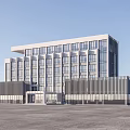 Modern Office Building With Glass Windows Street Lights And Front Parking Lot